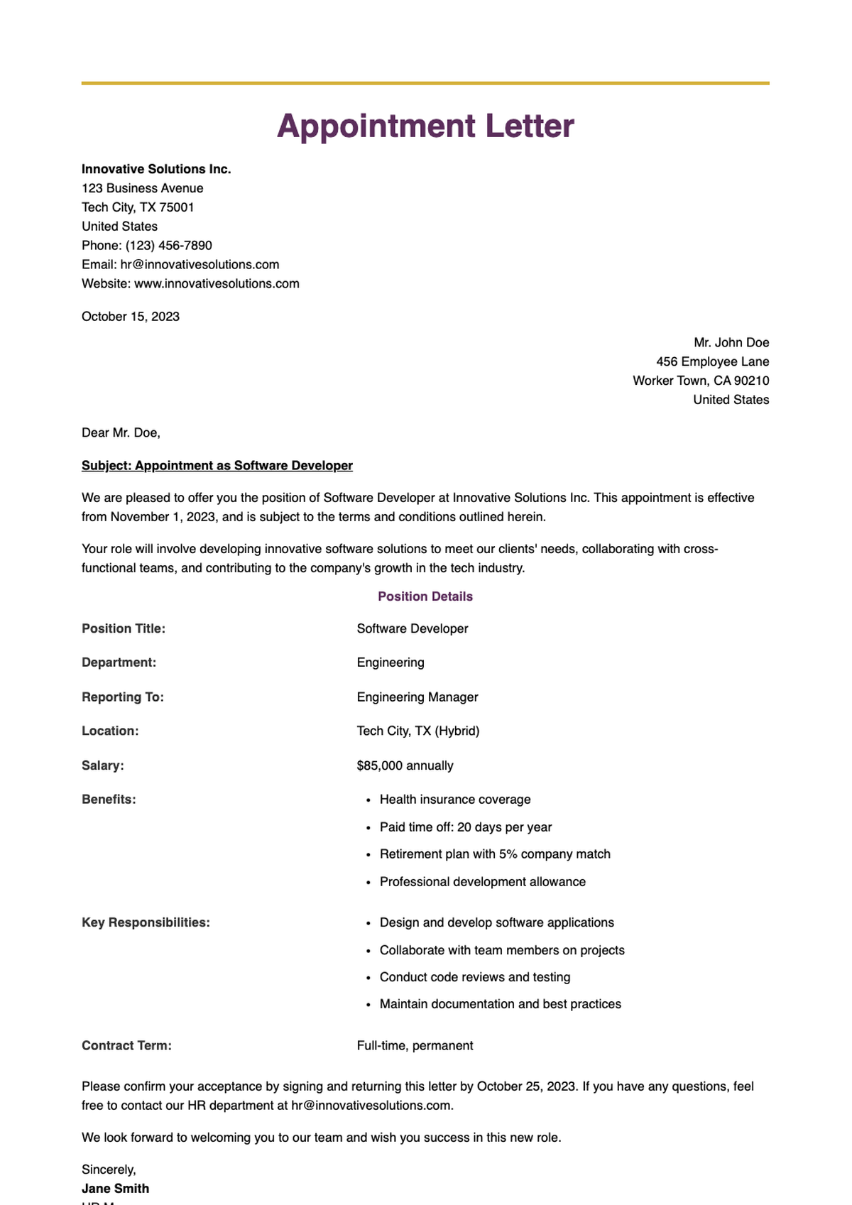 Private company job appointment letter for Marketing Manager position_variant_1